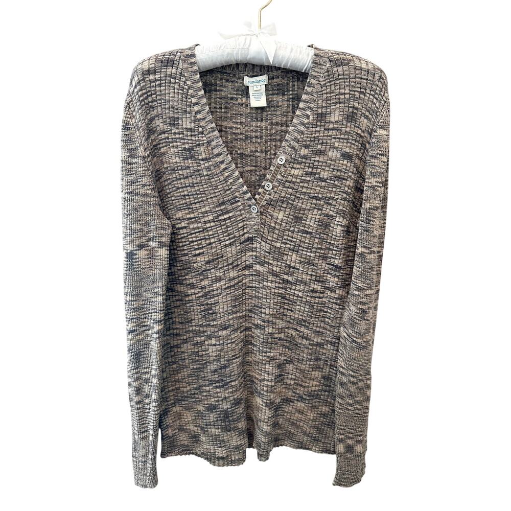 SUNDANCE Space Dye Ribbed Henley Sweater Top Brown Tan Cotton Blend | Large